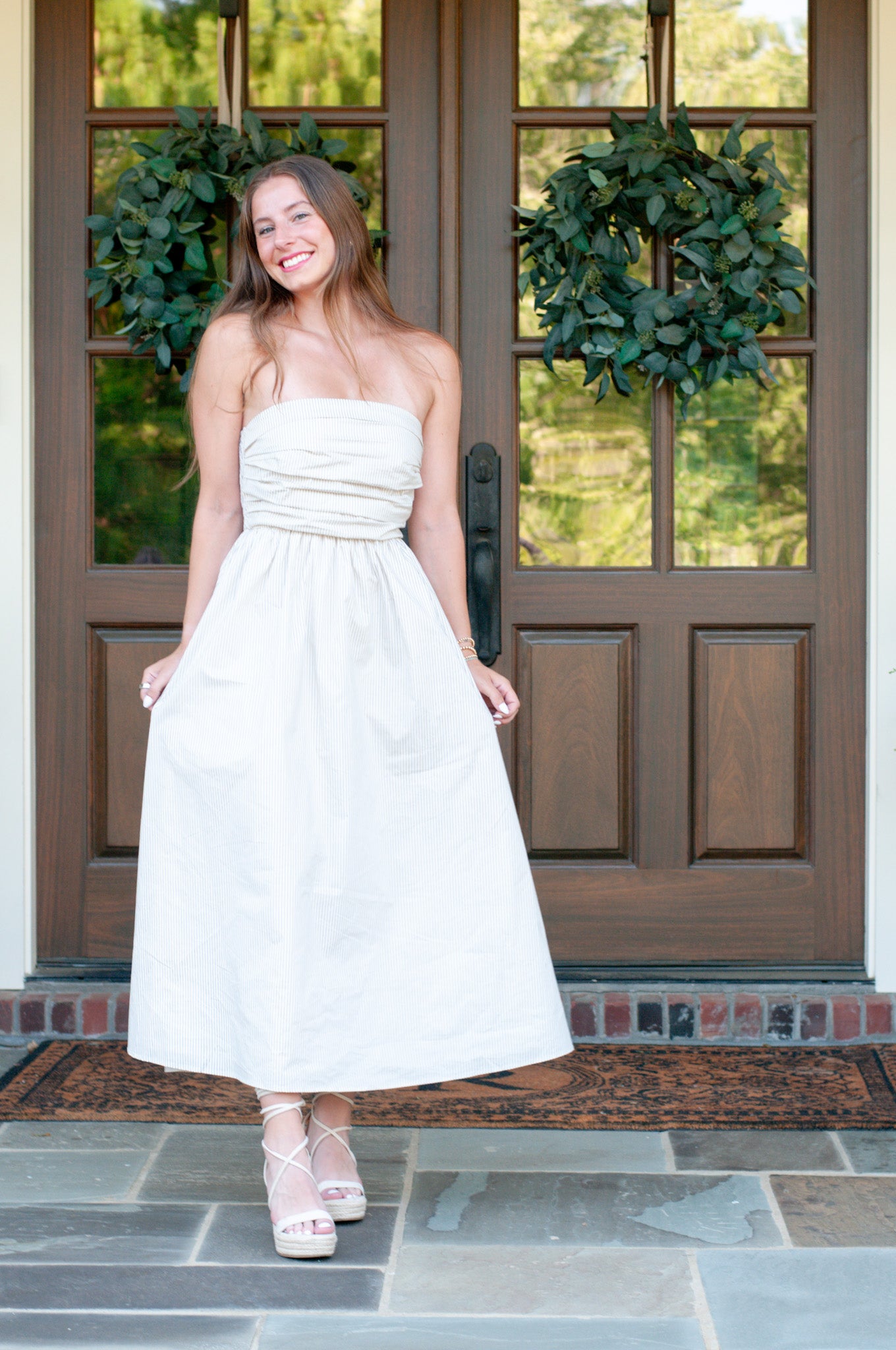 Strapless pleated midi dress pin stripe