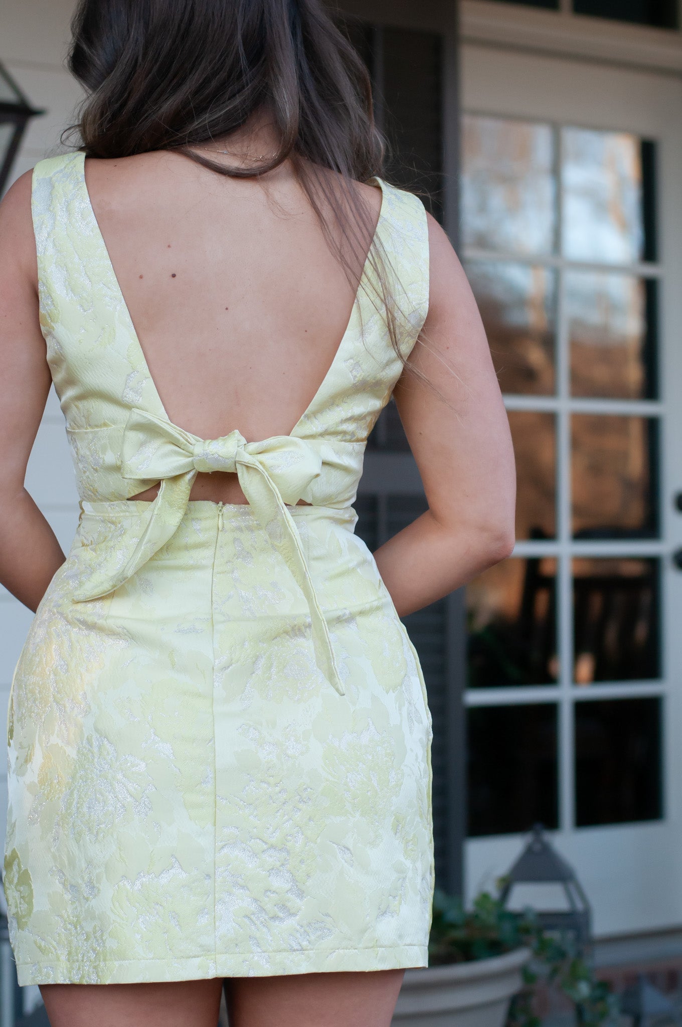 Jackie Deep V Jacquard Mini Dress Yellow