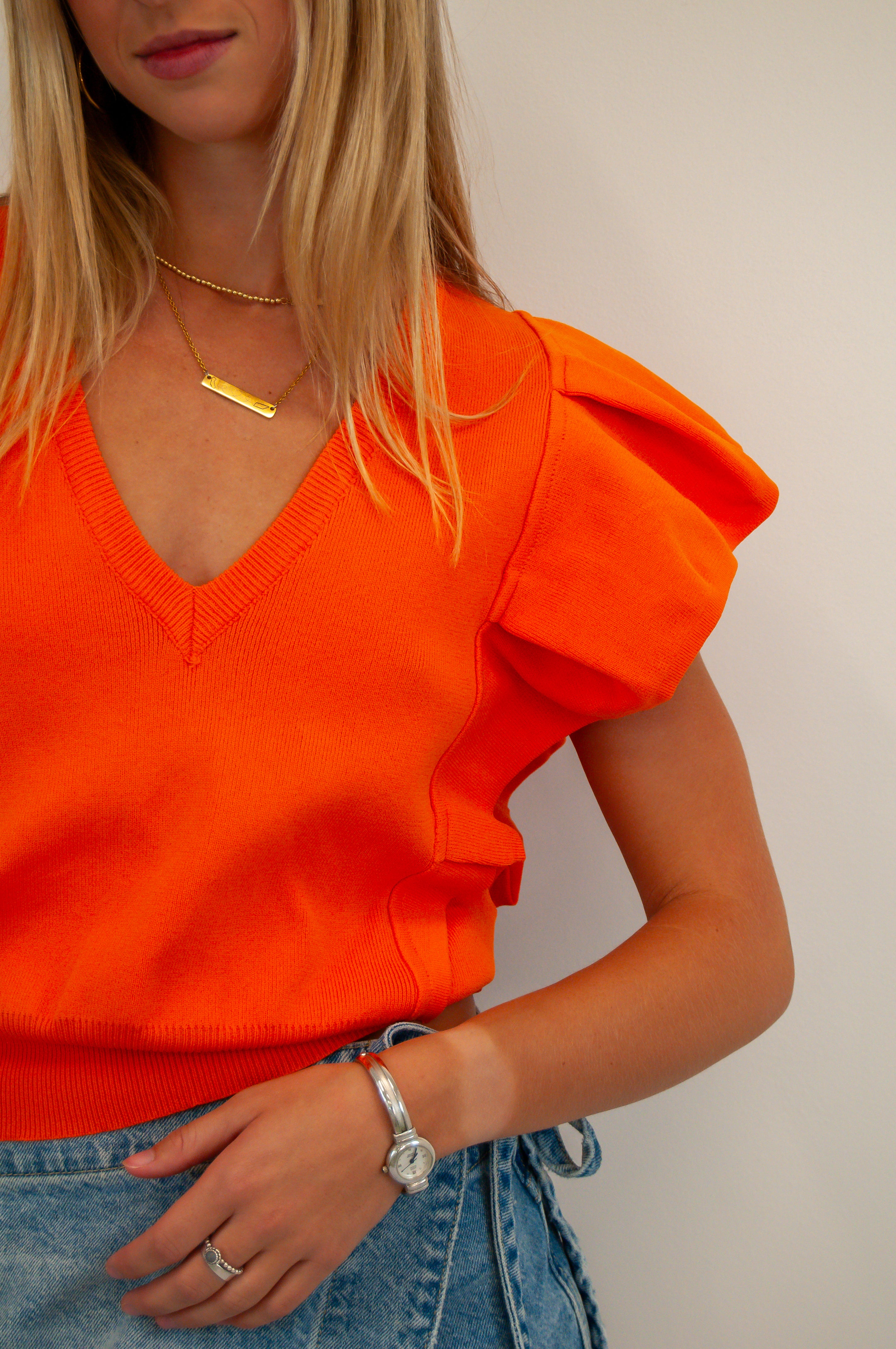Pleated Cap Sleeve Ruffle Sweater Orange