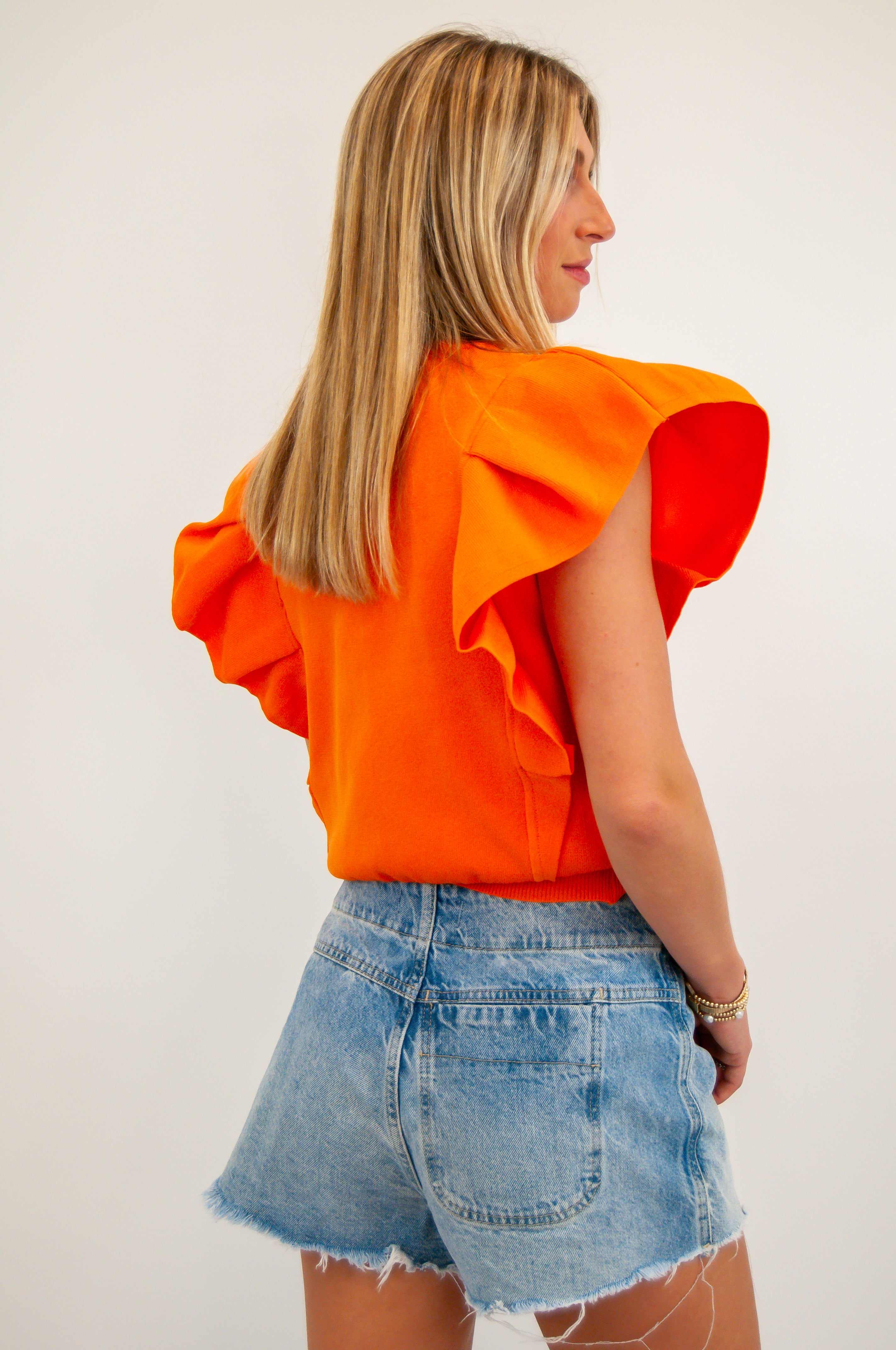 Pleated Cap Sleeve Ruffle Sweater Orange