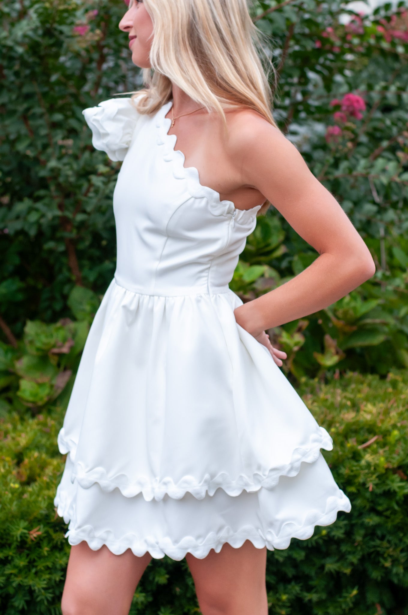 Paris One Shoulder Scallop Dress White