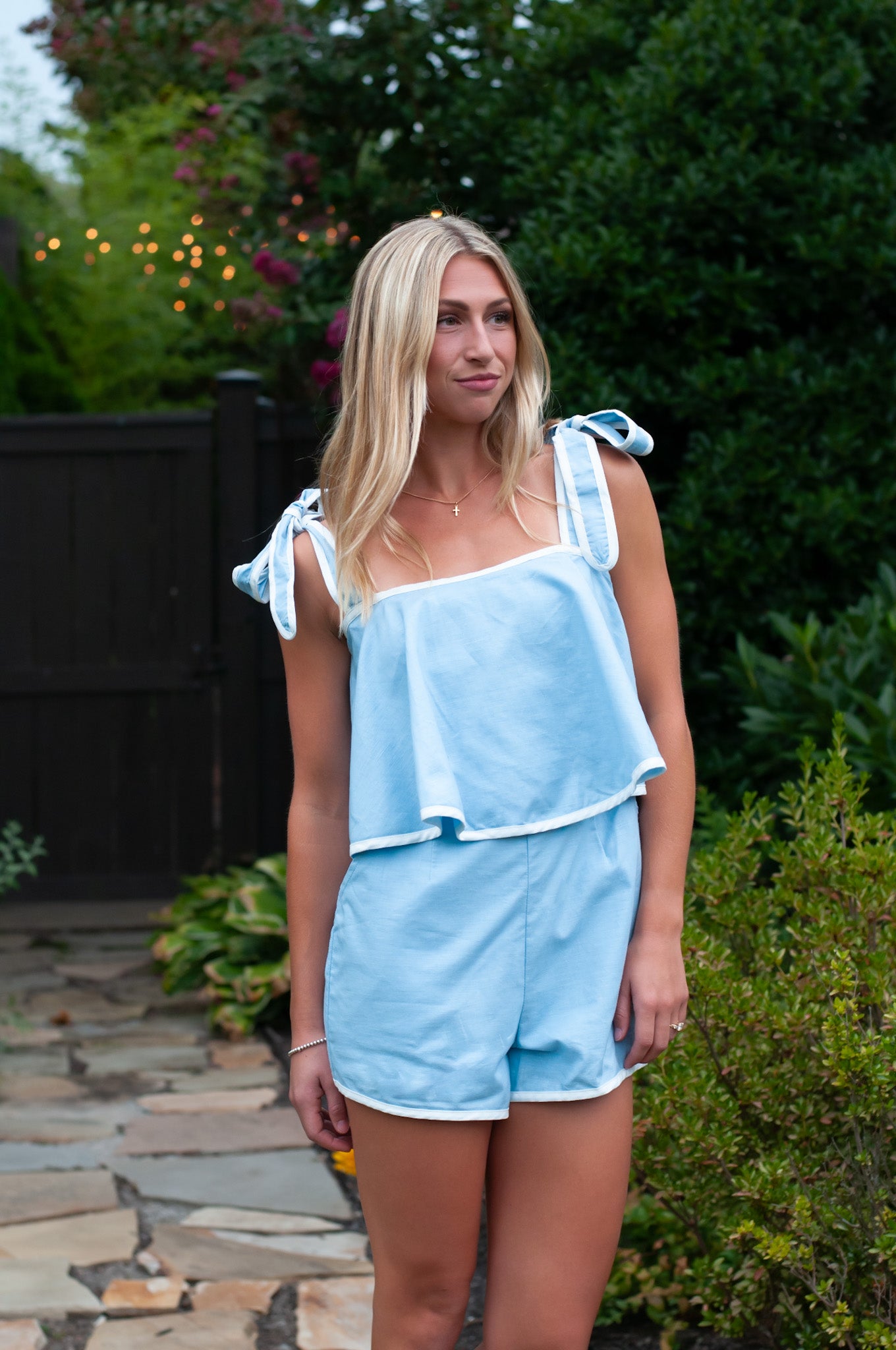 Brooke Layered Shorts Romper Icy Blue