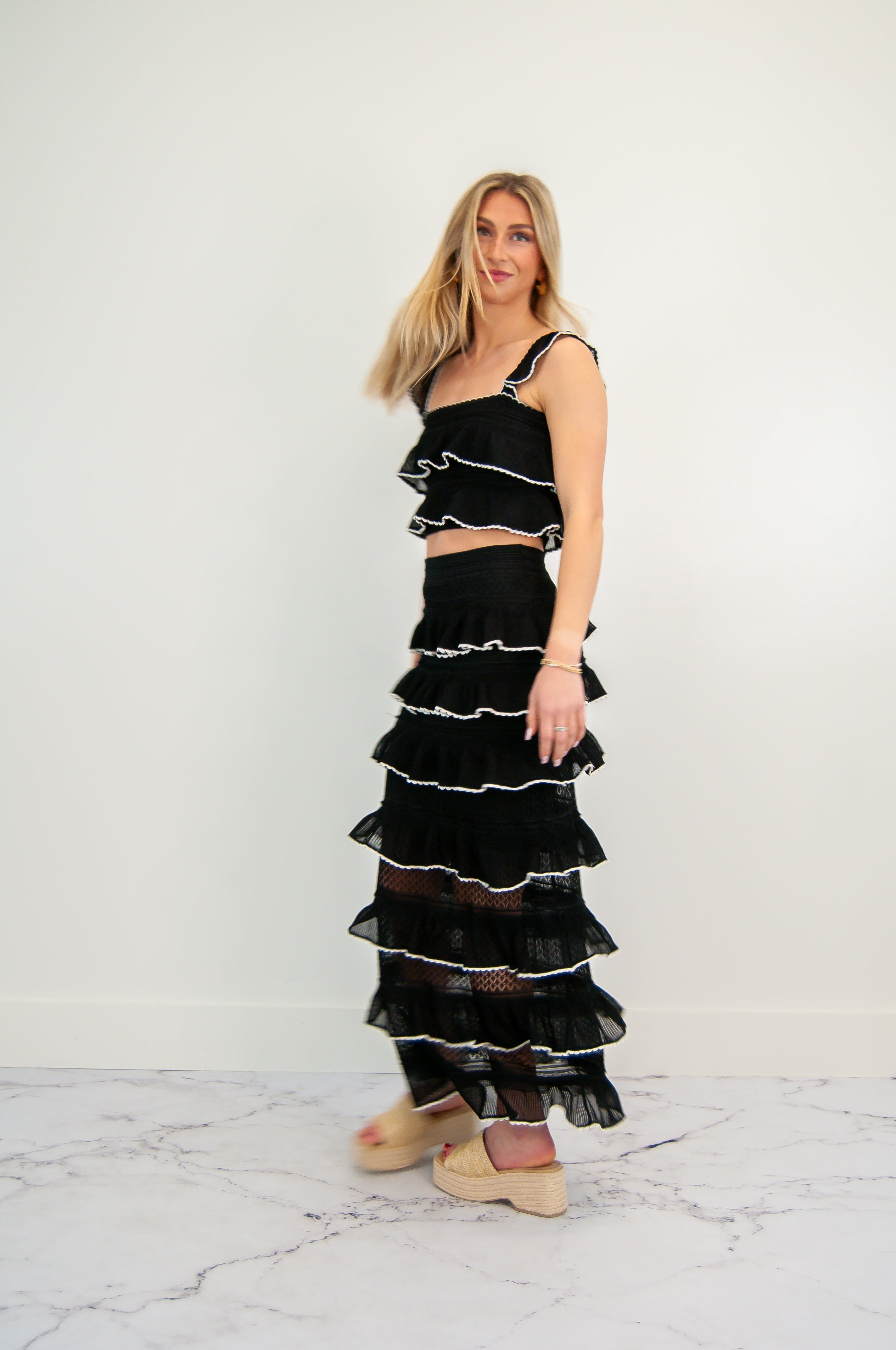 Kate Tiered Ruffle Midi Skirt Set Black