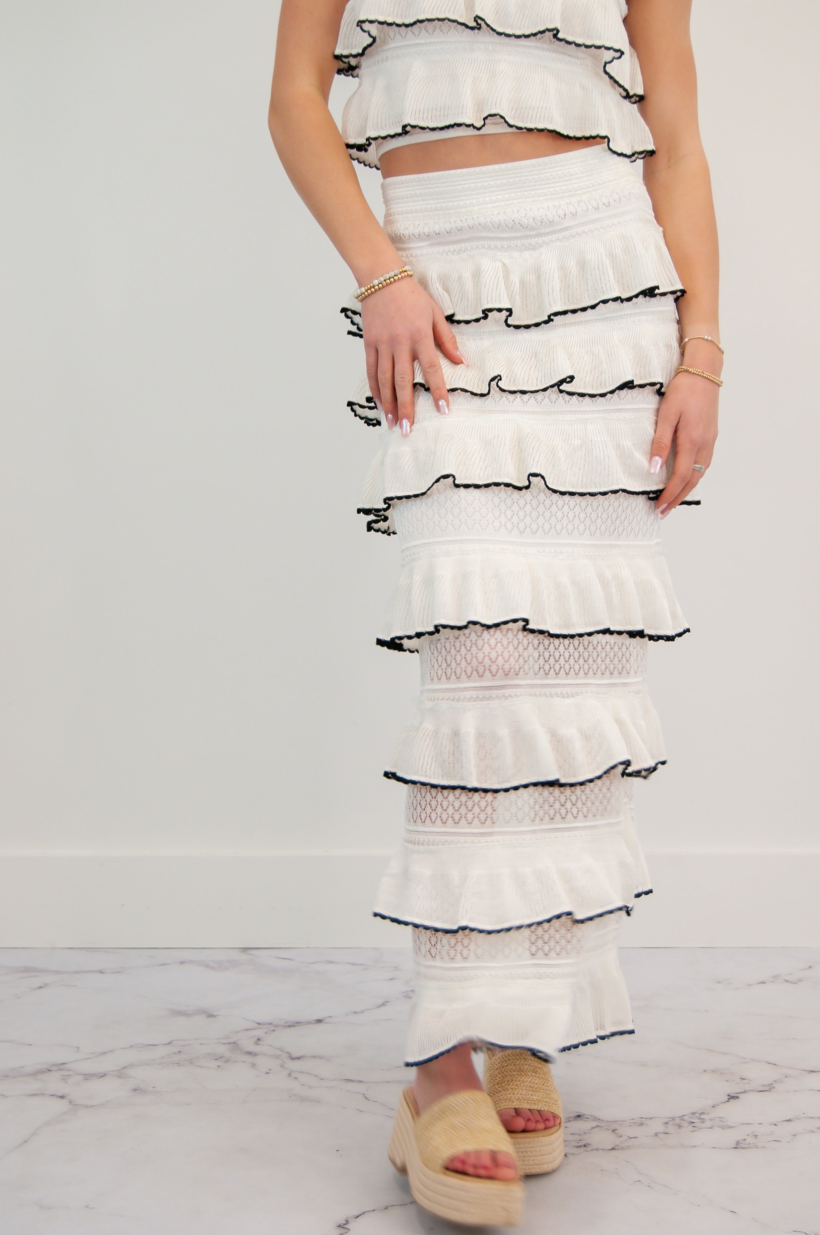 Kate Tiered Ruffle Sweater Midi Skirt Set White