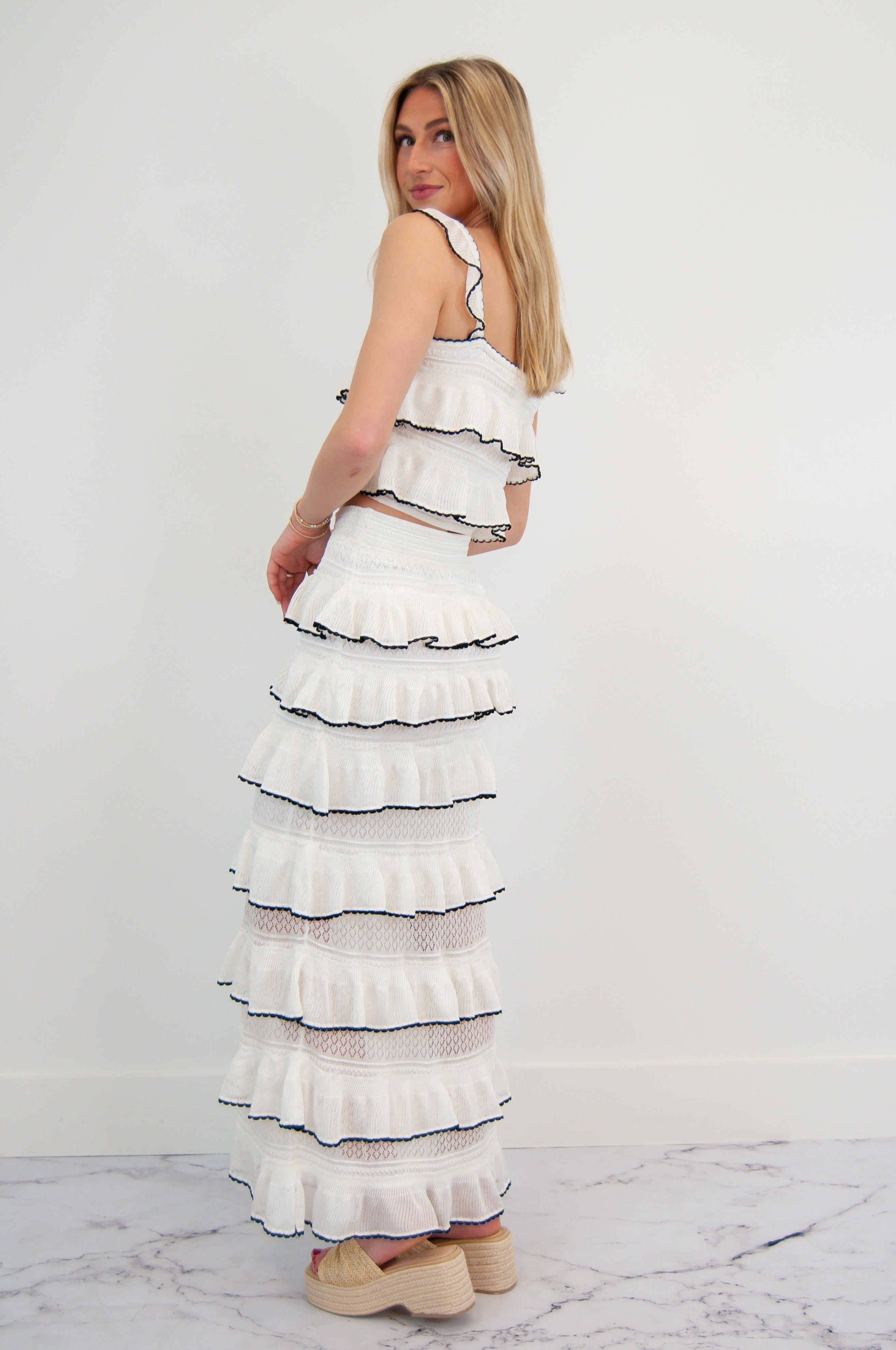 Kate Tiered Ruffle Sweater Midi Skirt Set White