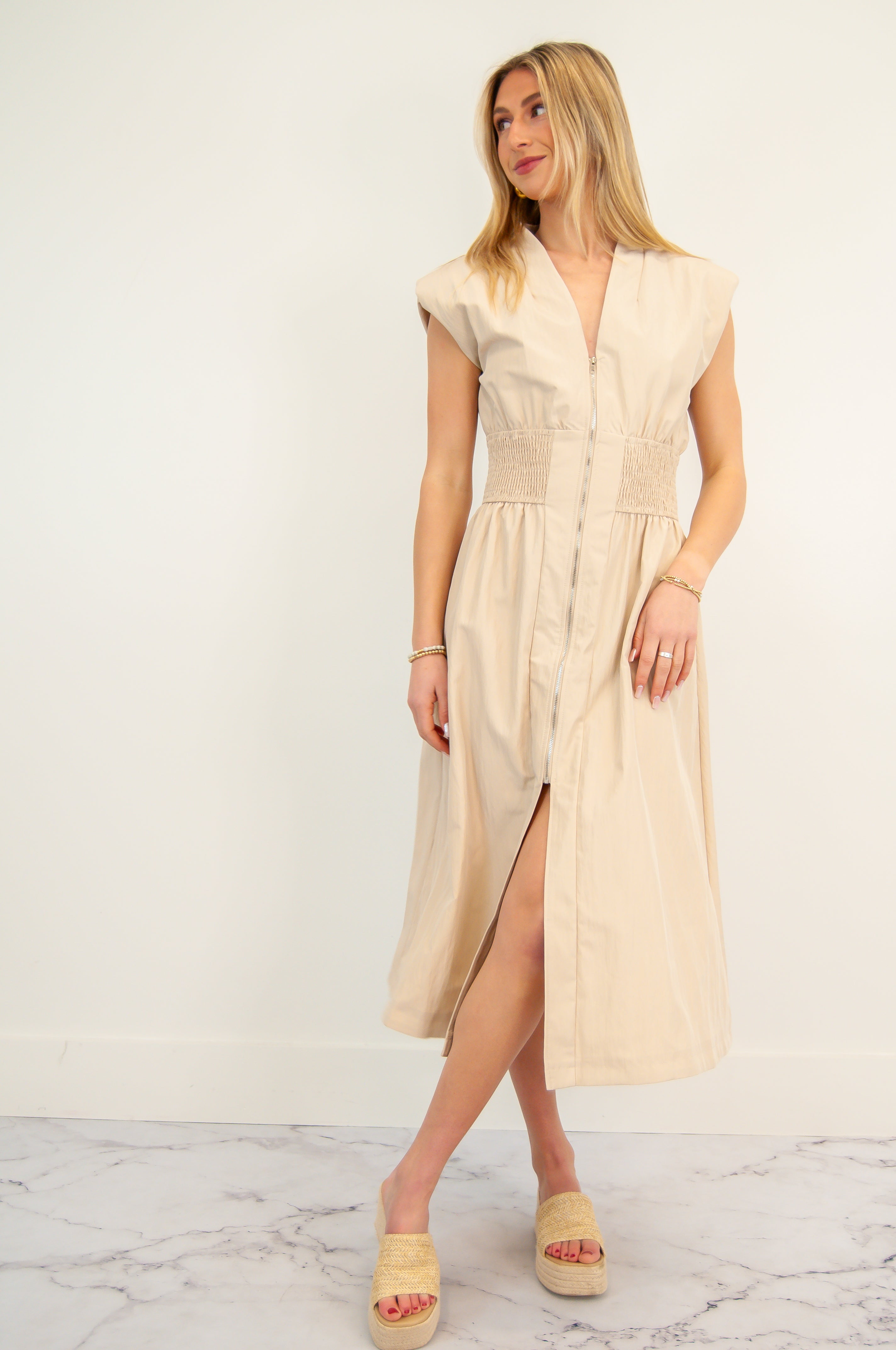 Madelyn Deep V Zipper Front Dress Taupe
