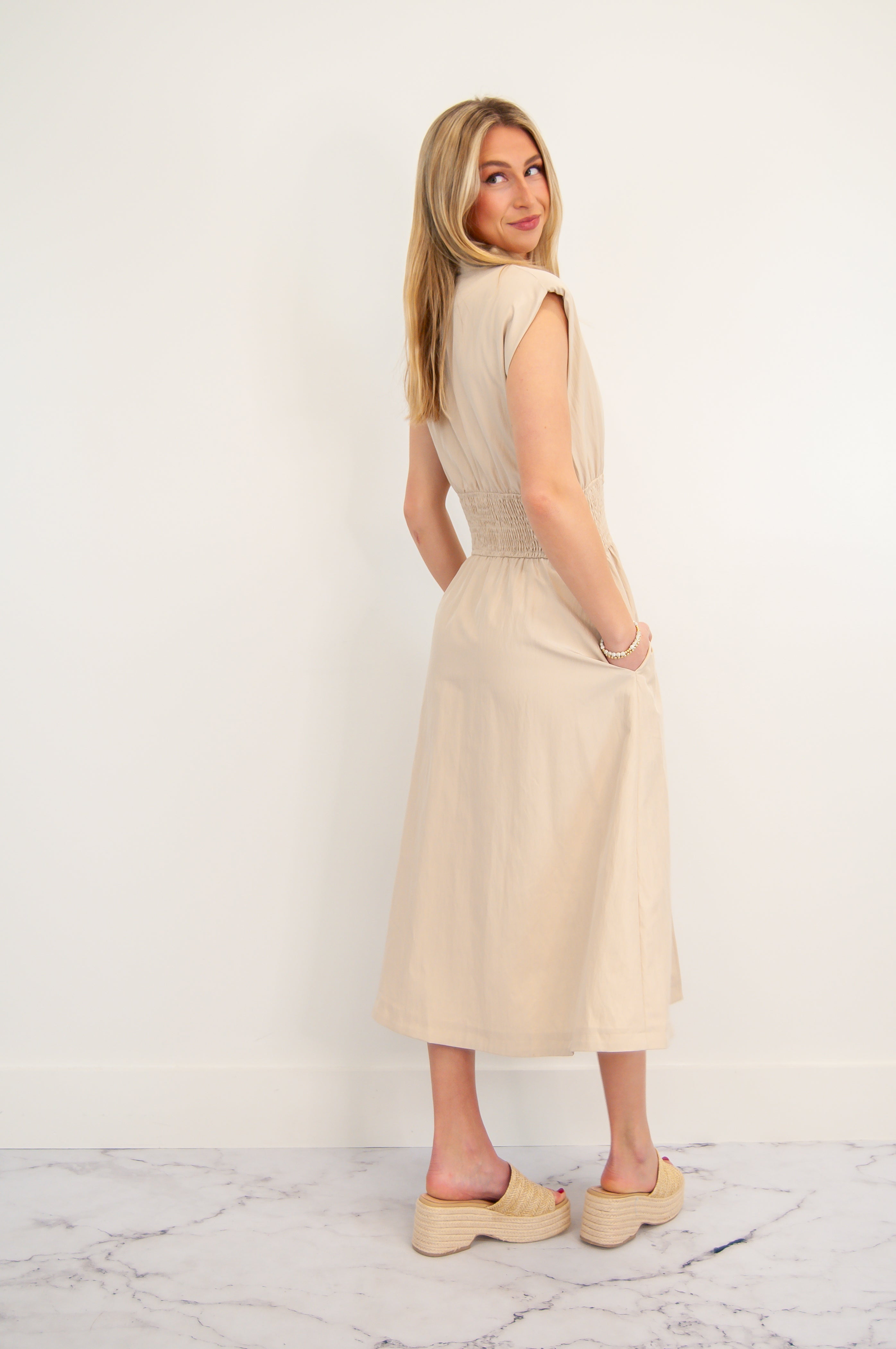 Madelyn Deep V Zipper Front Dress Taupe