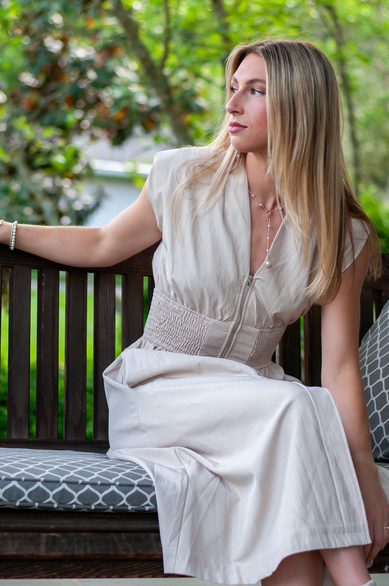 Madelyn Deep V Zipper Front Dress Taupe