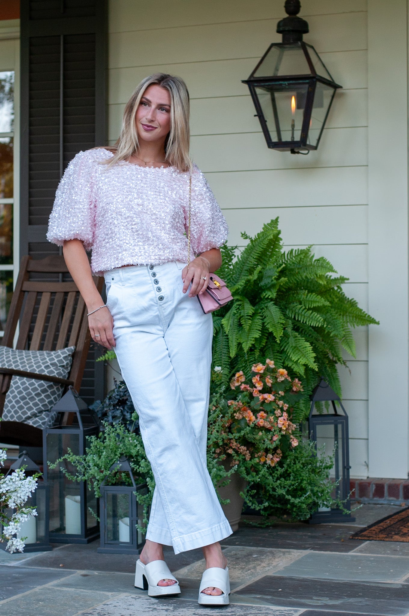 Light pink fuzzy sequin brunch crop top with back ribbon tie and puff sleeves.