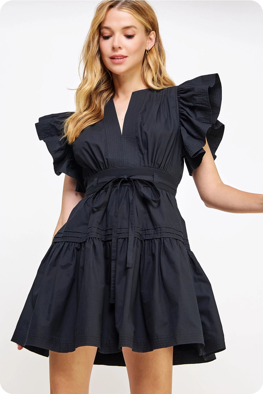 Flutter Sleeve Poplin Mini Dress Black