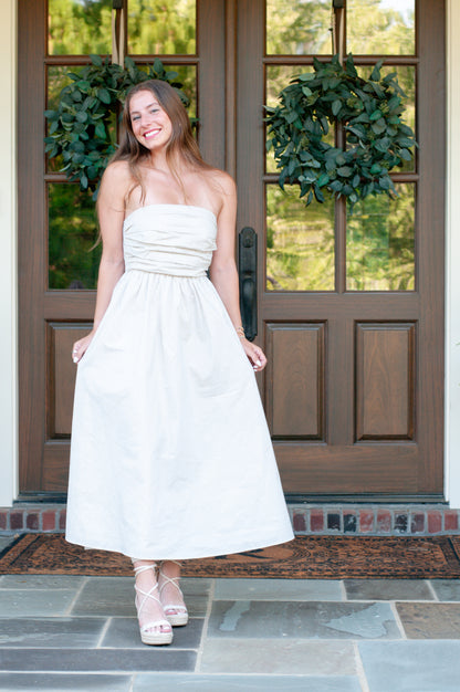 Strapless pleated midi dress pin stripe