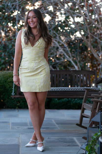 Jackie Deep V Jacquard Mini Dress Yellow
