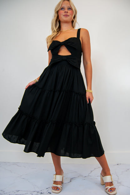 Cut Out Bow Tiered Dress Black