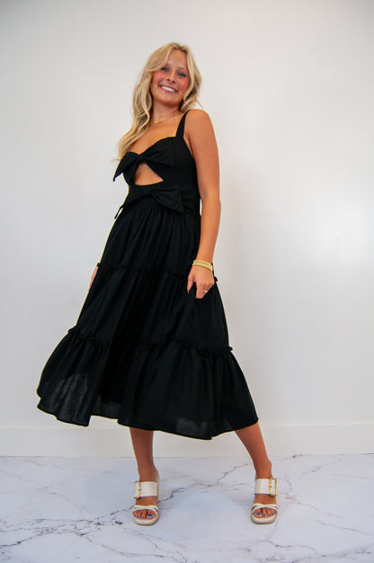 Cut Out Bow Tiered Dress Black