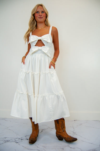 Cut Out Bow Tiered Dress White