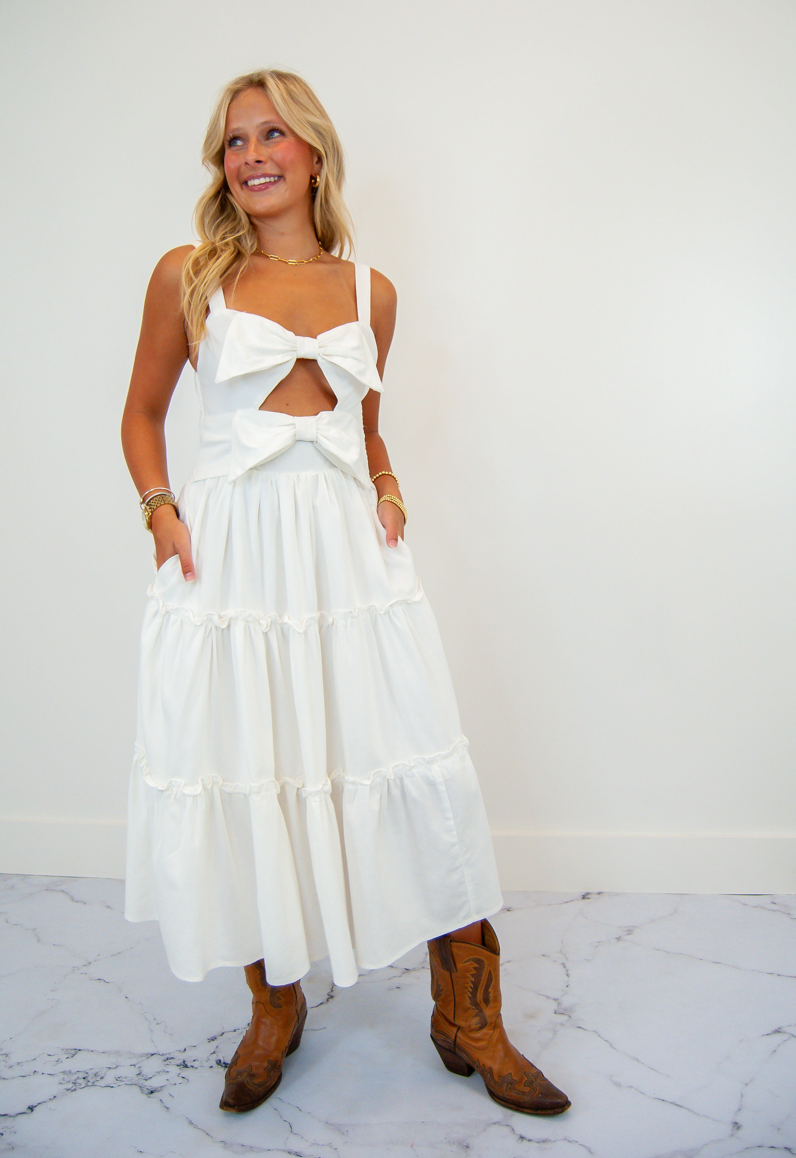 Cut Out Bow Tiered Dress White