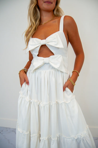 Cut Out Bow Tiered Dress White