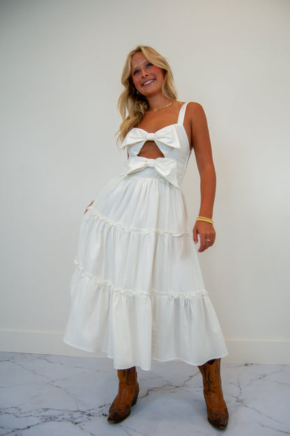 Cut Out Bow Tiered Dress White