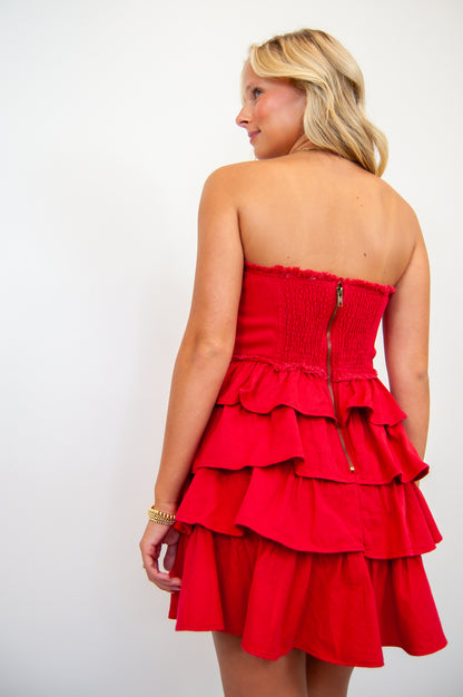 Strapless Ruffle Denim Dress Red