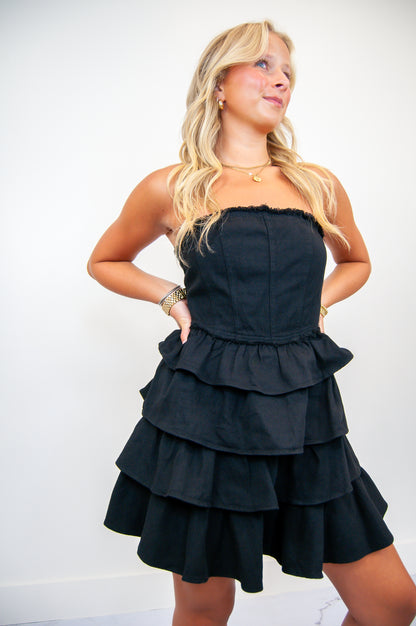 Strapless Ruffle Denim Dress Black