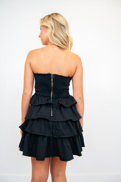 Strapless Ruffle Denim Dress Black