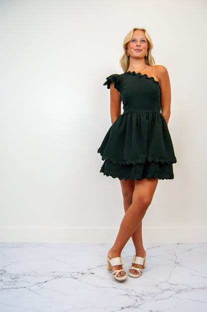 One Shoulder Scallop Edge Mini Dress Black