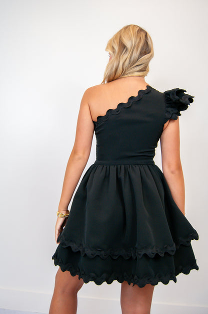 One Shoulder Scallop Edge Mini Dress Black