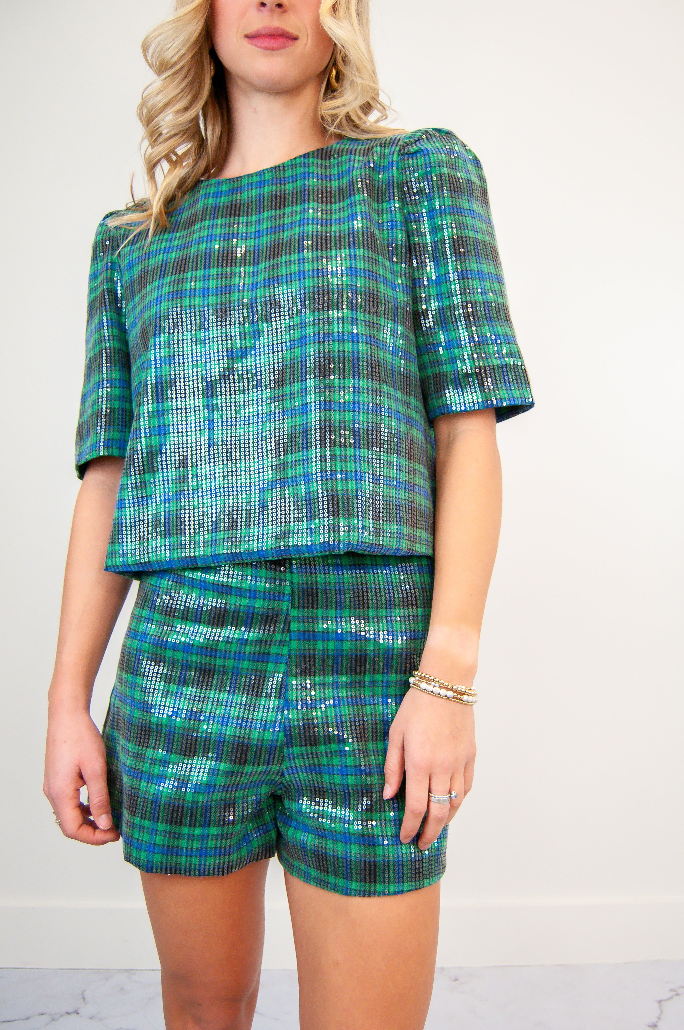 Sequin Holiday Plaid Short Set