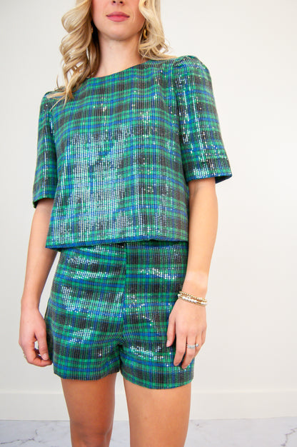 Sequin Holiday Plaid Short Set