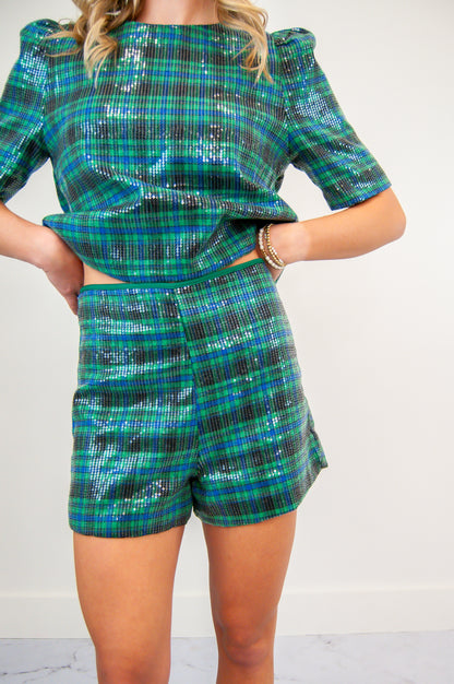 Sequin Holiday Plaid Short Set