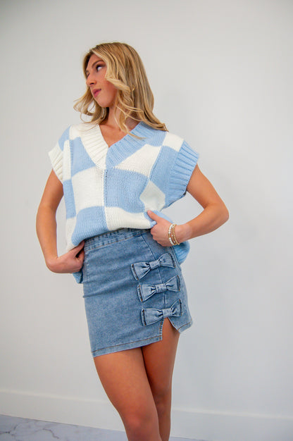 Denim Mini Skirt with Bow Detail