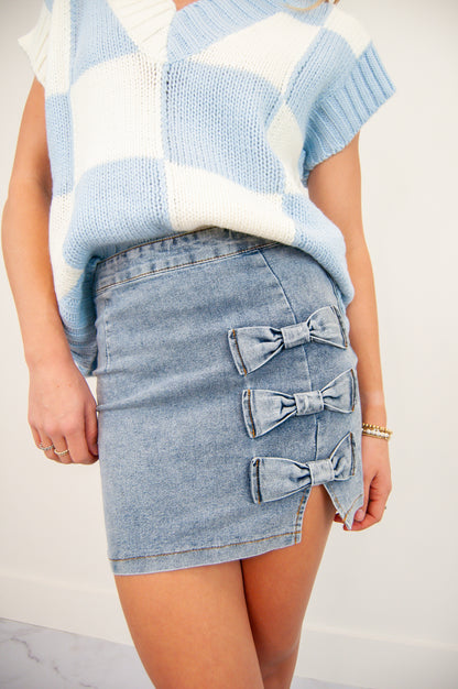 Denim Mini Skirt with Bow Detail