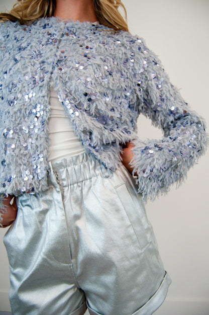 Feathered Sequin Cardigan Silver