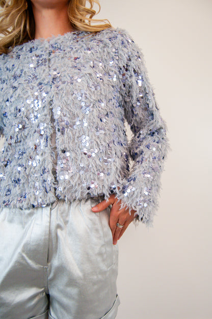 Feathered Sequin Cardigan Silver