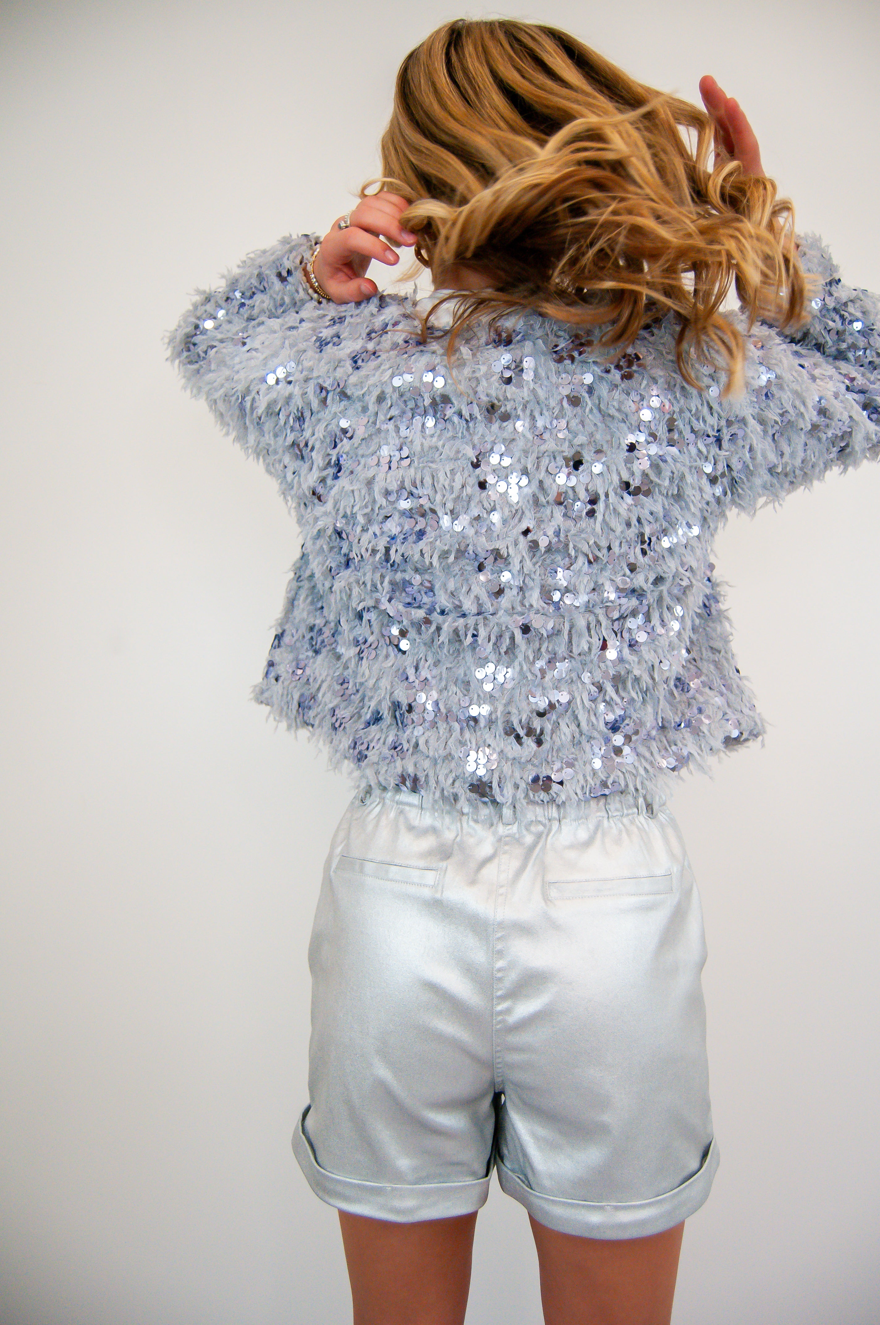 Feathered Sequin Cardigan Silver