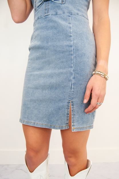 Denim Tube Dress with Bow Detail