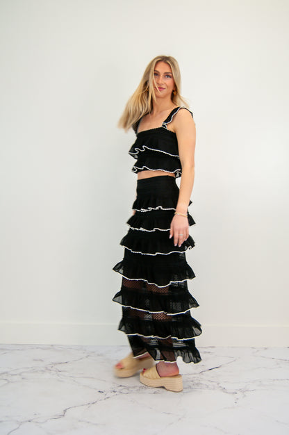 Kate Tiered Ruffle Sweater Midi Skirt Set Black