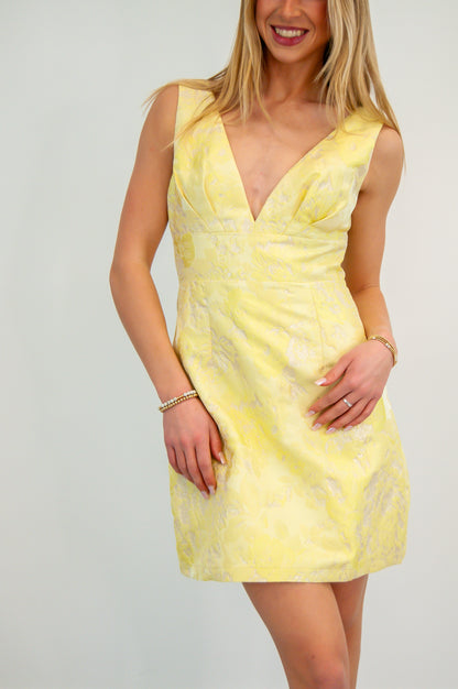 Jackie Deep V Jacquard Mini Dress Yellow