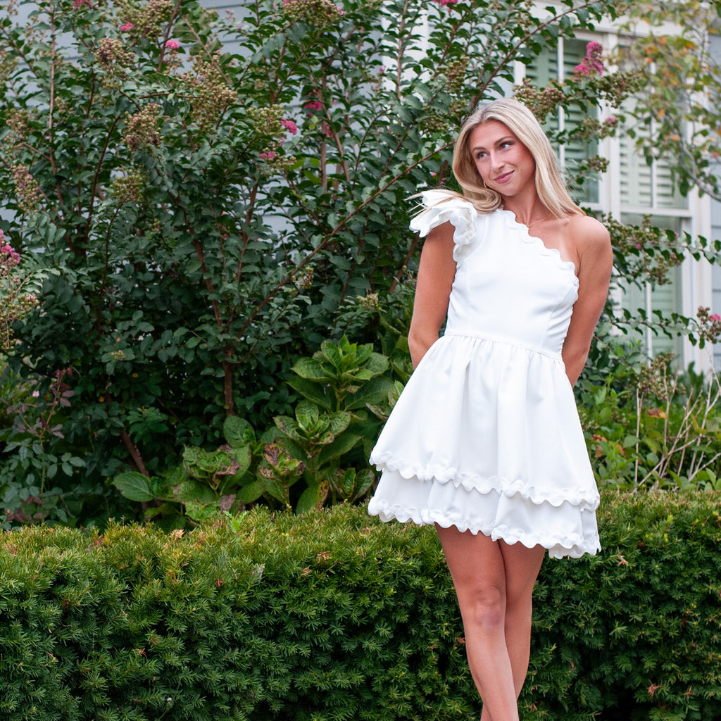 Paris One Shoulder Scallop Dress White So Saturday Paris One Shoulder Scallop Dress White So Saturday